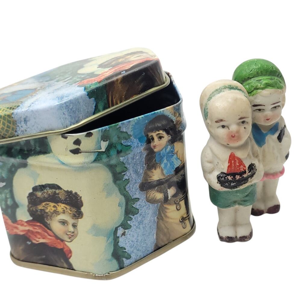 Early 1900's Antique Over 100 Years Old Japanese Bisque Baby Dolls In Metal Box